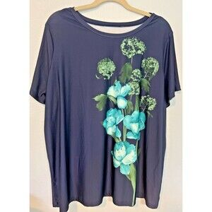 DG2 by Diane Gilman Women's Short-Sleeve Floral Printed Tee TShirt Navy 1X